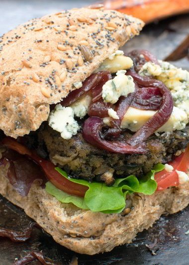 Blue Cheese Mushroom Burger With Caramelised Red Onions [vegetarian] by The Flexitarian