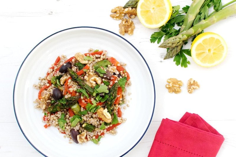 roasted asparagus buckwheat salad with muhammara dressing [vegan]