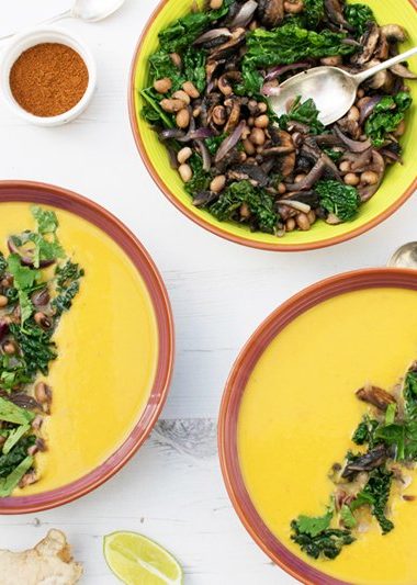 Sweet Potato Soup with Mushroom, Kale & Bean Topping [vegan] [gluten free] by The Flexitarian