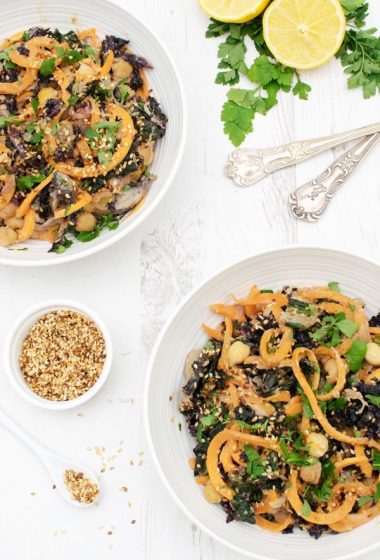 Kale & Mushroom Sweet Potato Noodles with Tahini Miso Sauce [vegan] [gluten free] by The Flexitarian