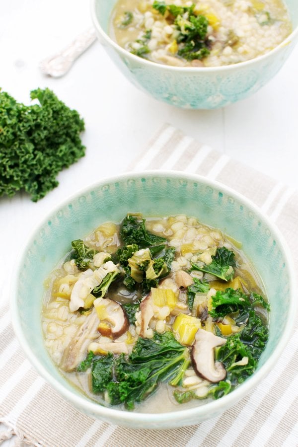miso barley soup with leek, shiitake and kale [vegan]