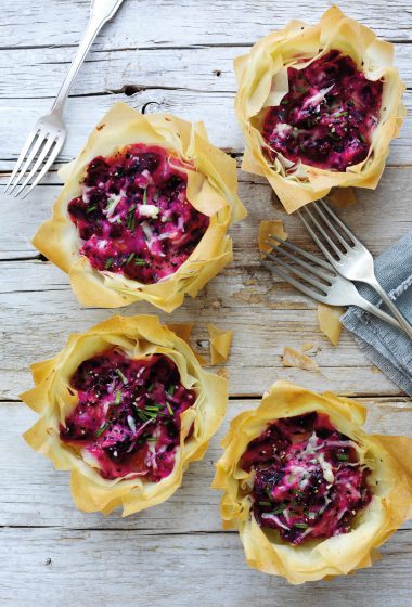 Sweet Chili Bettroot & Ricotta Filo Tarts [vegetarian] by Dan Doherty for Love Beetroot