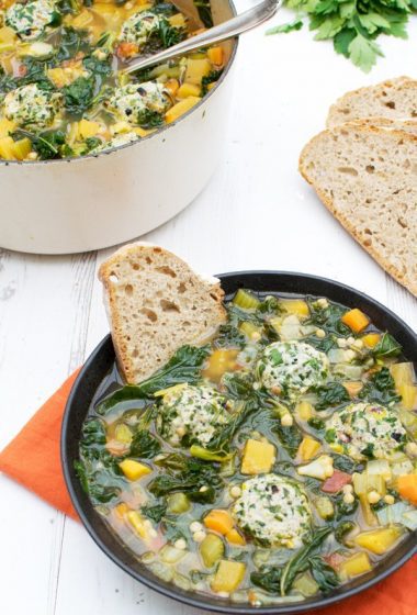 Minestrone Soup with Organic Spinach, Ricotta & Pistachio Dumplings [vegetarian]