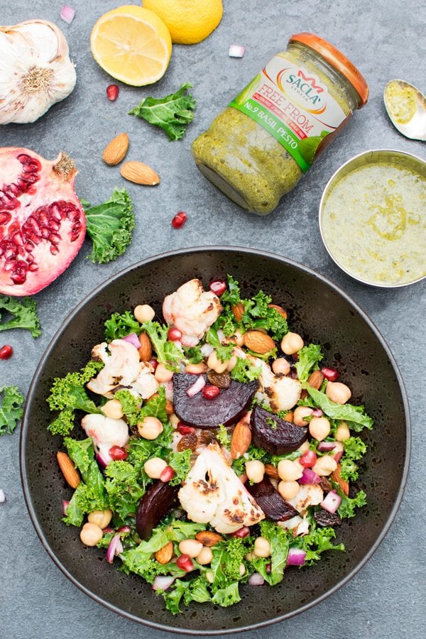 beetroot & cauliflower kale salad with pesto dressing [vegan] [gluten free]