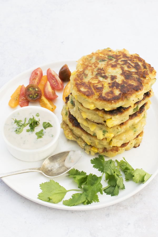 corn fritters with sweet chilli dip [vegetarian]
