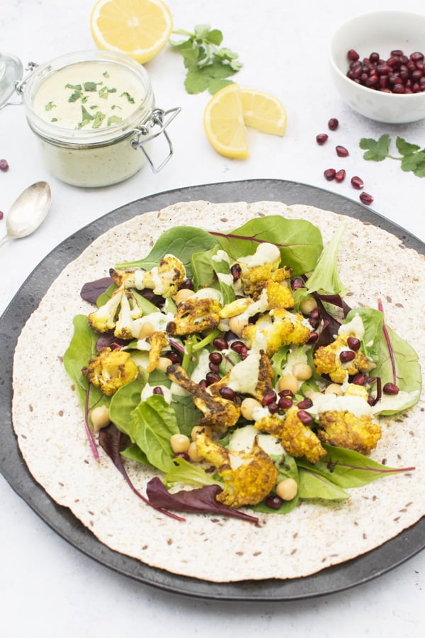 spicy roasted cauliflower wrap with sriracha cashew cream [vegan]