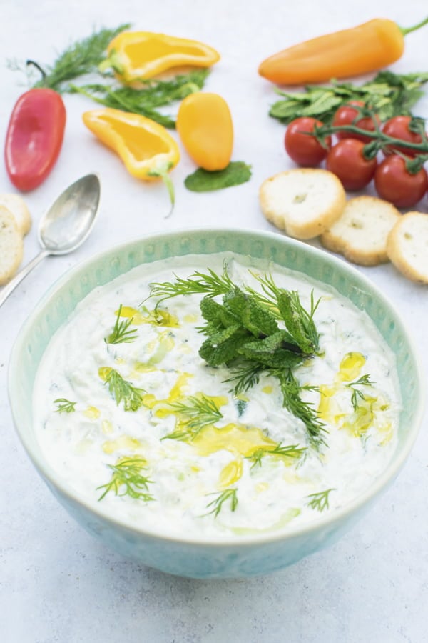 Vegan tzatziki dip made with cashews, cucumber and fresh herbs