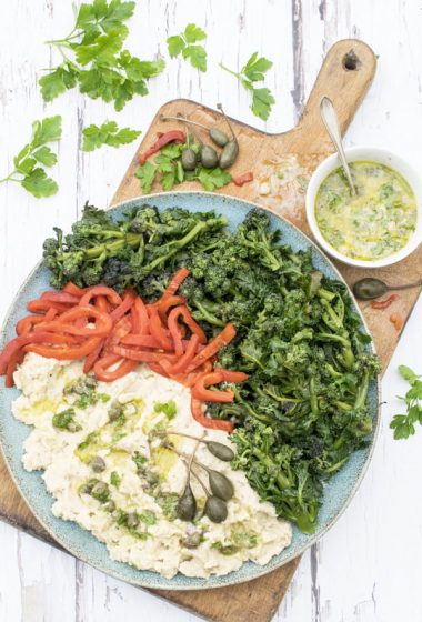 Purple Sprouting Broccoli with Butter Bean Mash[vegan] [gluten free] &copy; 2019 Annabelle Randles The Flexitarian Le Flexitarien