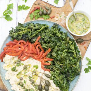 Purple Sprouting Broccoli with Butter Bean Mash[vegan] [gluten free] © 2019 Annabelle Randles The Flexitarian Le Flexitarien