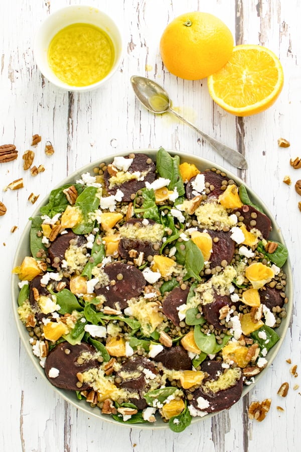 winter puy lentil salad with beetroot, orange and spinach [vegetarian]