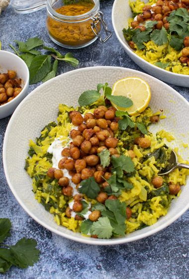 Golden Rice with Kale and Harissa Chickpeas [vegan]