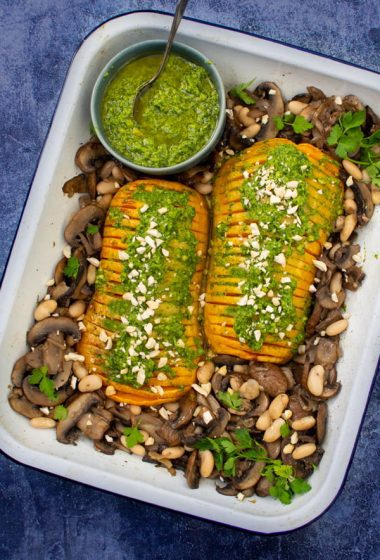 Hasselback Butternut with Mushrooms [vegan] &copy; Annabelle Randles | The Flexitarian