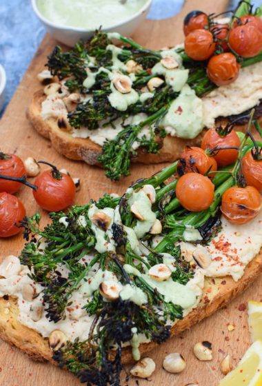 Roasted Broccoli on Toast with Butter Bean Hummus [vegan]