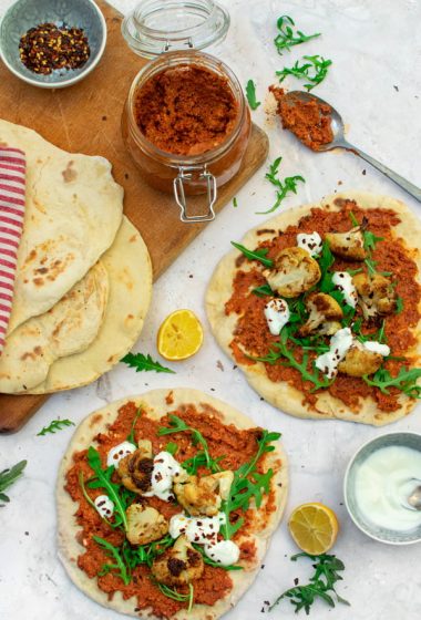 Roasted Cauliflower Flatbreads with Muhammara Dip [vegan]