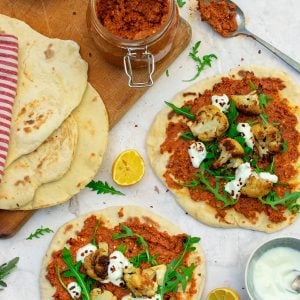 Roasted Cauliflower Flatbreads with Muhammara Dip [vegan]