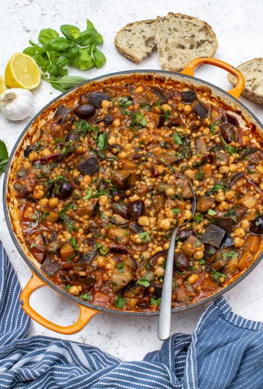 One-Pot Aubergine Caponata with Pearl Couscous