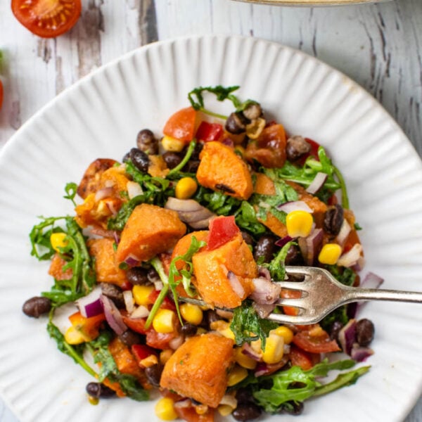 Roasted Sweet Potato Salad with Black Beans & Lime Dressing