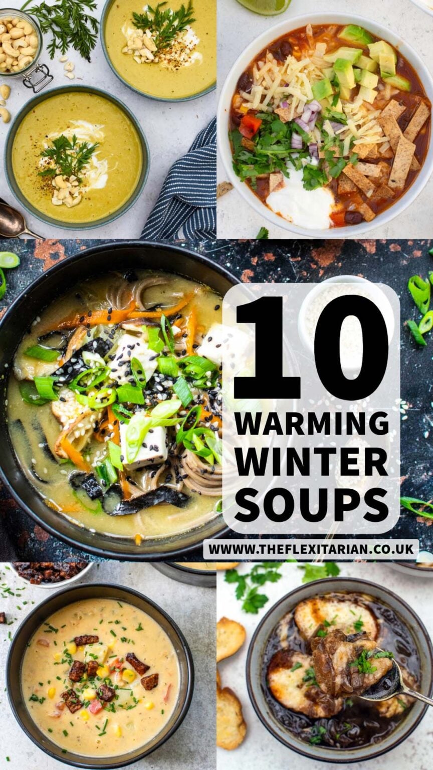 A vibrant collection of warming winter soup recipes displayed in a colorful recipe roundup graphic