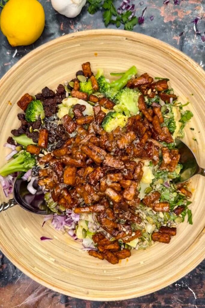 Broccoli and Cauliflower Salad with tempeh bacon
