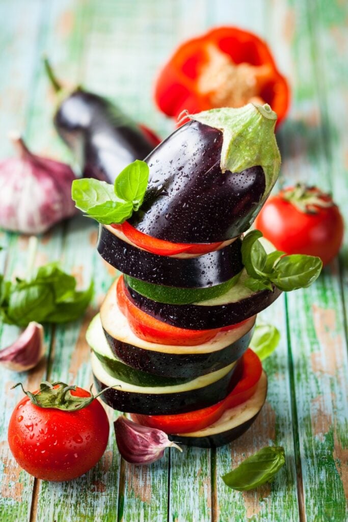 Sliced aubergine with courgette and pepper