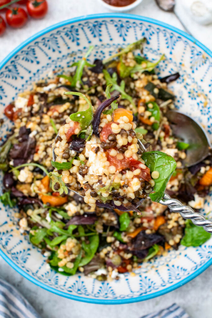 Close up of pearl couscous salad