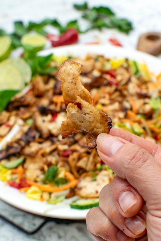A hand holds a thin, golden-brown strip of baked tofu, showing its delicate texture and charred edges