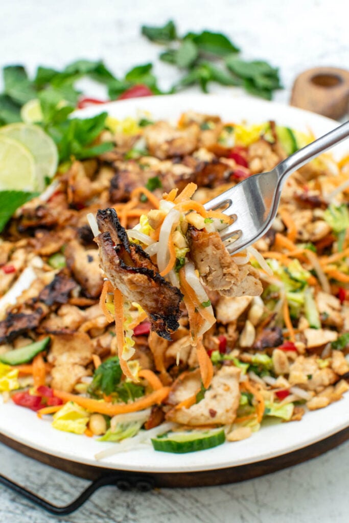 A forkful of Vietnamese salad featuring a strip of golden baked tofu, julienned carrots, and bean sprouts
