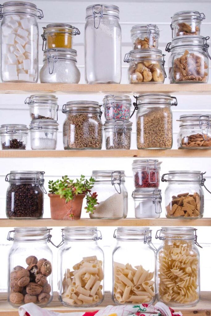 shelves in pantry with wholefood for transition to flexitarian diet