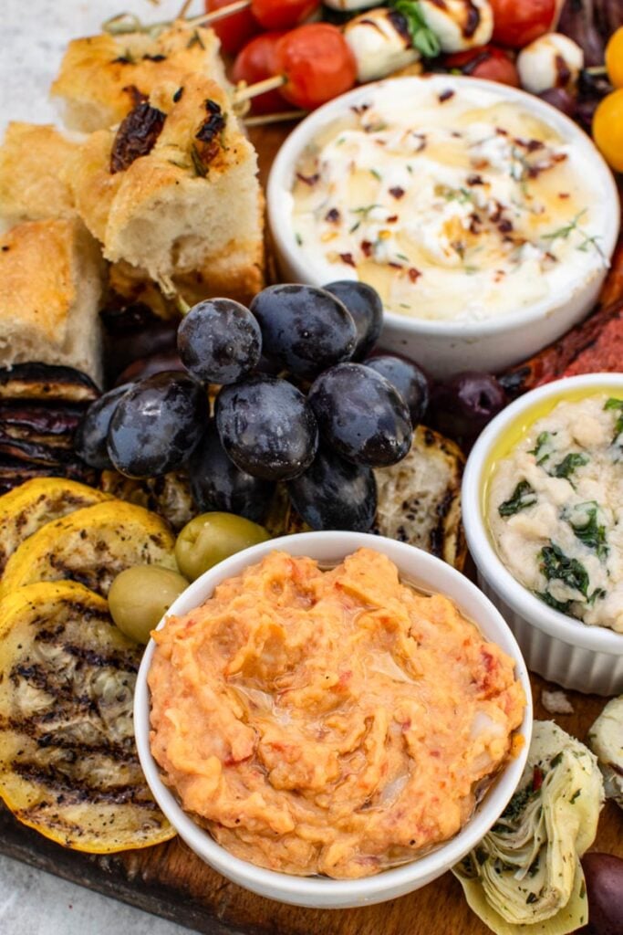 Antipasto platter with grilled vegetables, whipped ricotta and focaccia