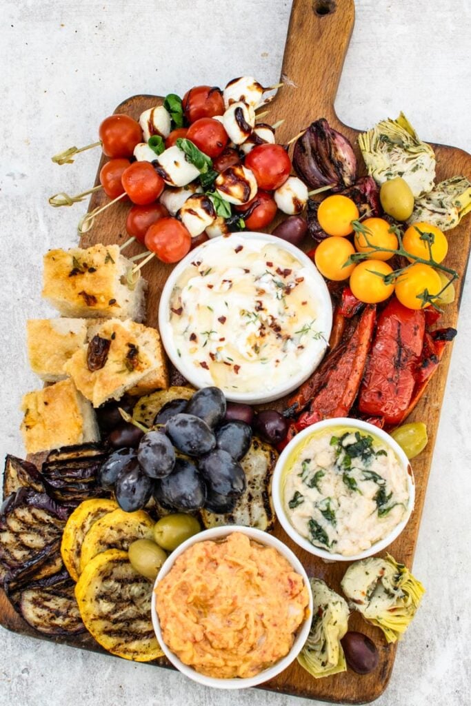 Picky bits grazing board with dips, falafel and fresh vegetables