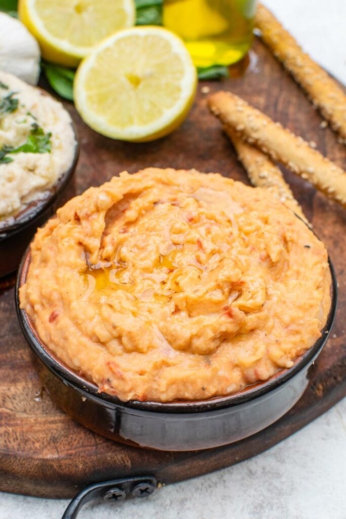 Close-up of smooth roasted pepper cannellini dip 