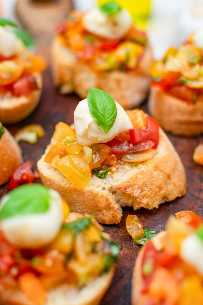 Freshly made Caprese Bruschetta ready to serve
