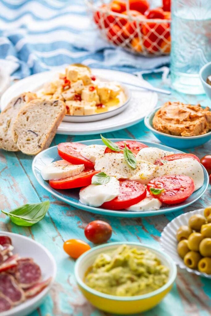 Picky bits picnic spread with hummus, falafel and vegetable dips