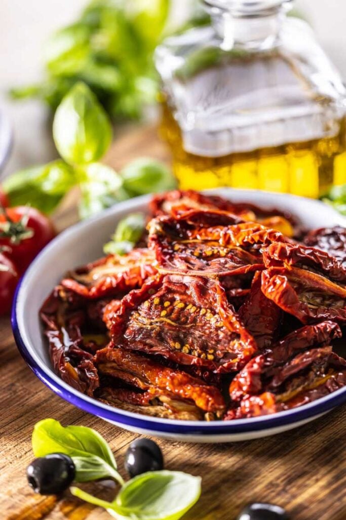 Sundried tomatoes and olives as part of a picky bits grazing board