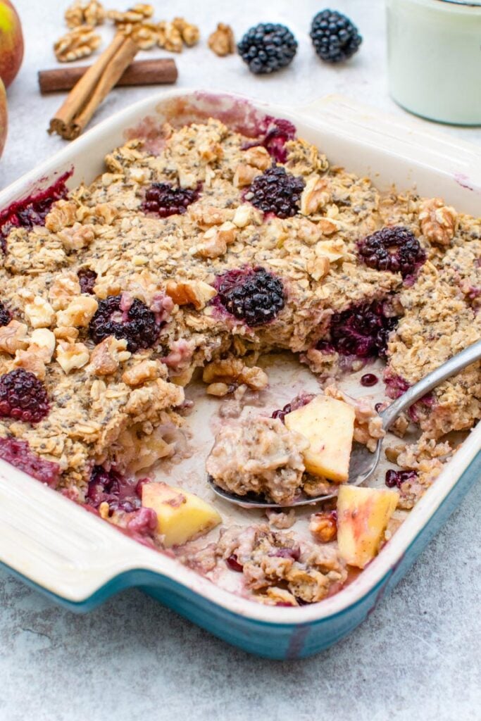 Apple & Blackberry Baked Oatmeal on table