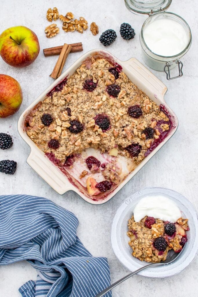 Apple & Blackberry Baked Oatmeal served  with yoghurt
