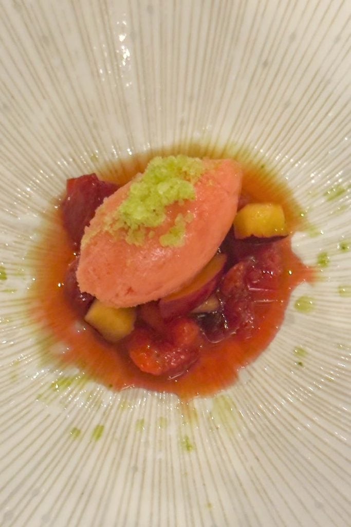blood orange yuzu sorbet with poached plums topped with cucumber and sisho granita
