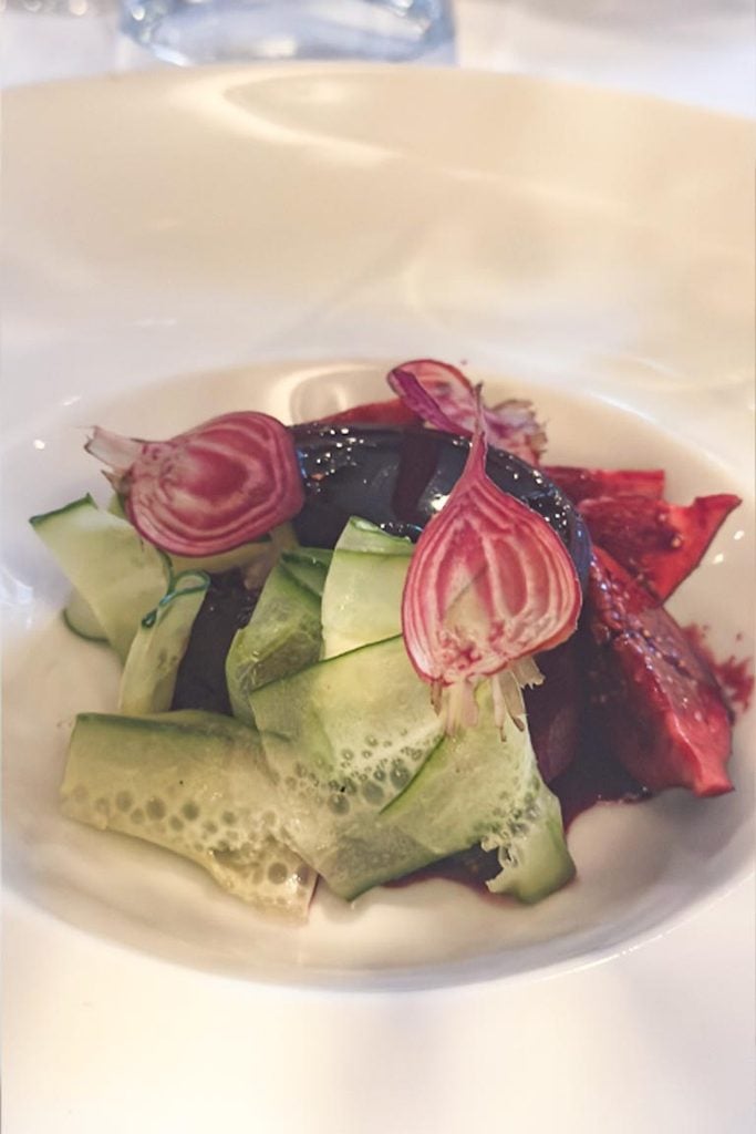 matcha ricotta with beetroot, cucumber and carrot tsukemono