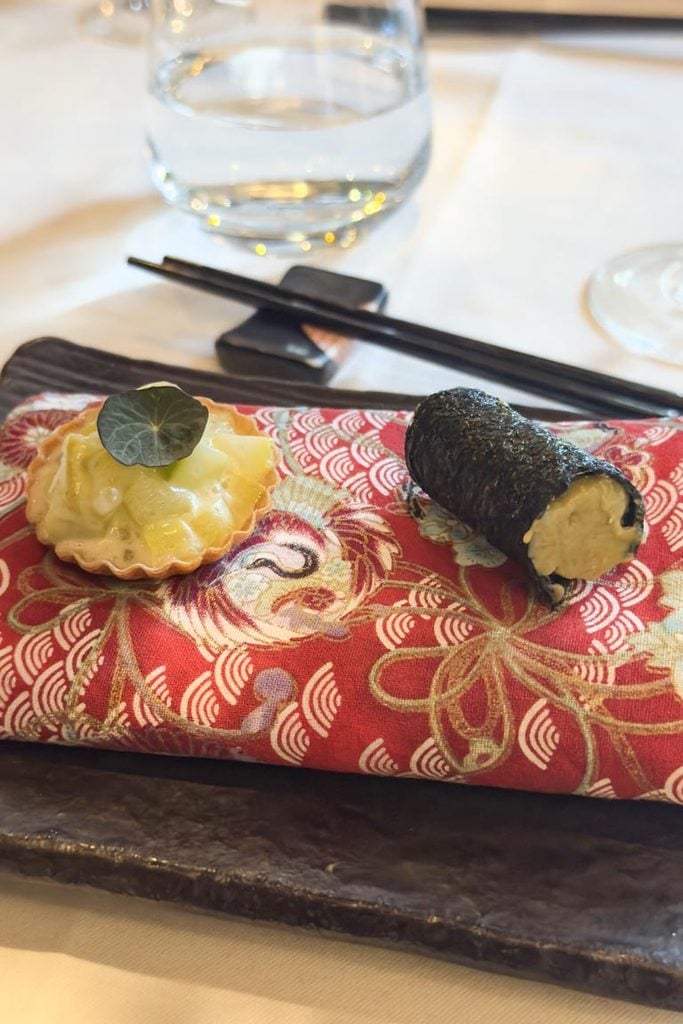sparagus tartlets with yuzu emulsion and avocado and nori cannelloni with citrus caviar