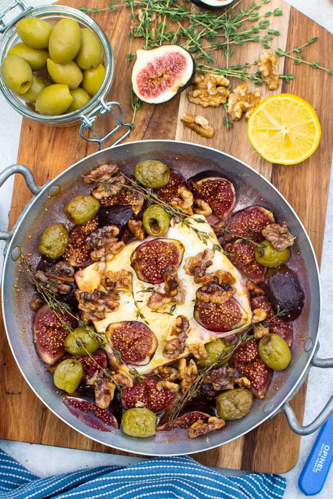 roasted figs and feta in metal dish