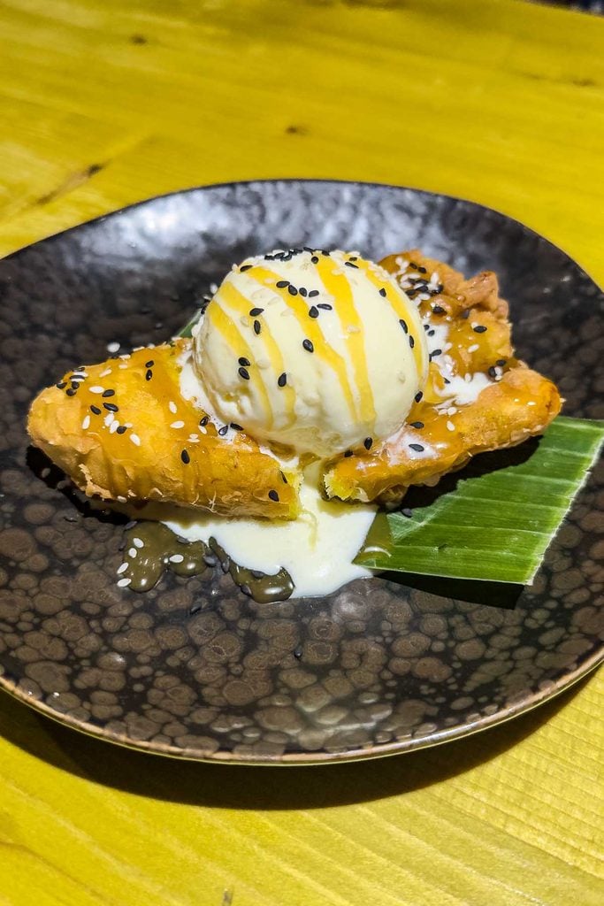 Pisang Bolen, Indonesian banana pastry with ice cream and sesame seeds