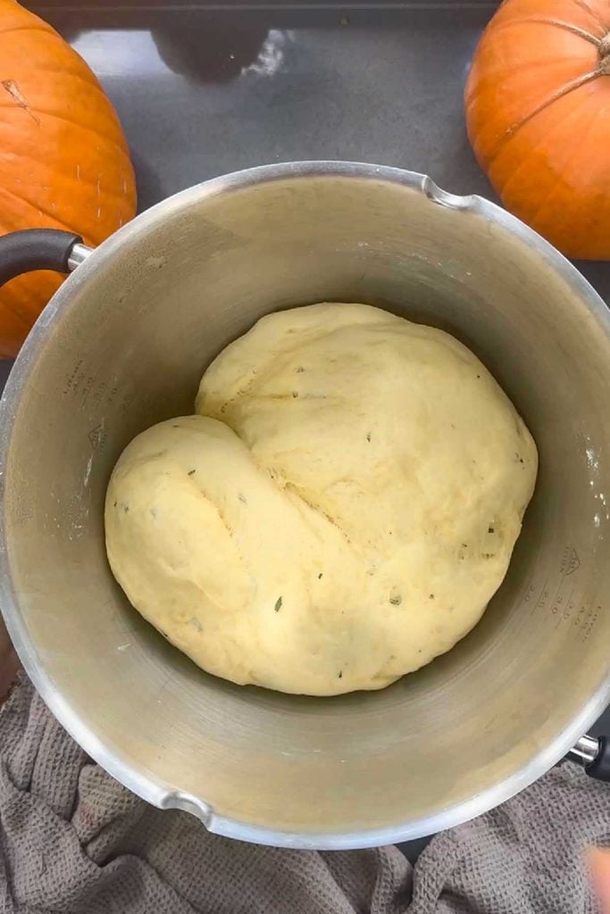 Smooth pumpkin and rosemary bread dough in a stainless steel bowl after kneading, ready for its first rise