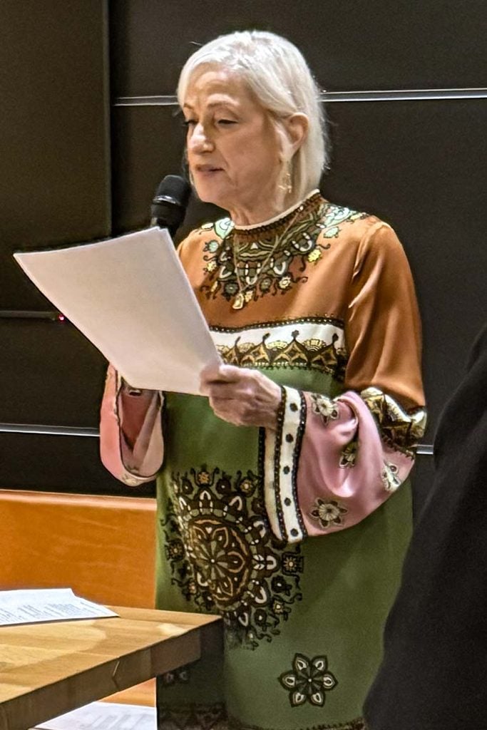 Philippa Kingsley giving a speech at the launch of her Thai vegan cookbook Tastes of Love and Light