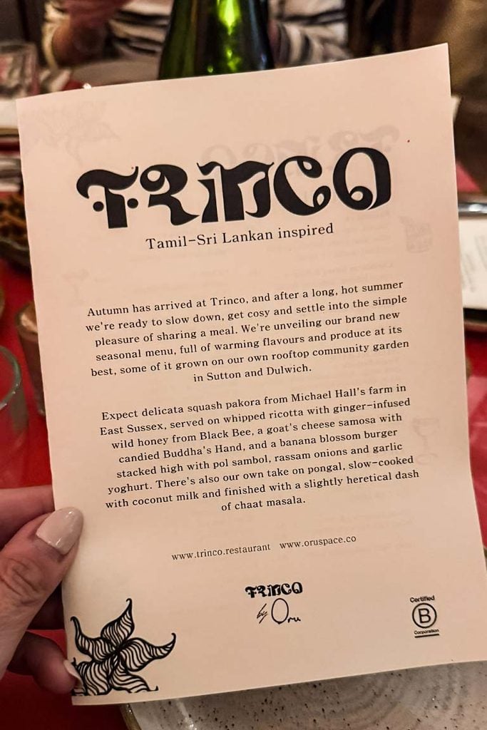 Trinco Tamil Sri Lankan-inspired autumn menu card held up at the table